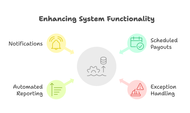 Diagram showing how mortgage agent commission software enhances system functionality through four key features: notifications, scheduled payouts, automated reporting, and exception handling, centralizing efficiency for mortgage teams.