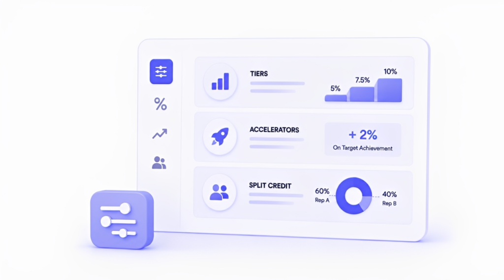 how do you manage complex commission structures, Sequifi rules engine showing tiers, accelerators, and split credit calculations