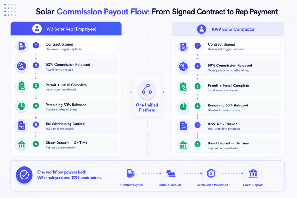 How solar commission payout flows from deal close to install trigger to rep payment, W2 and 1099 unified in Sequifi Solar commission payout