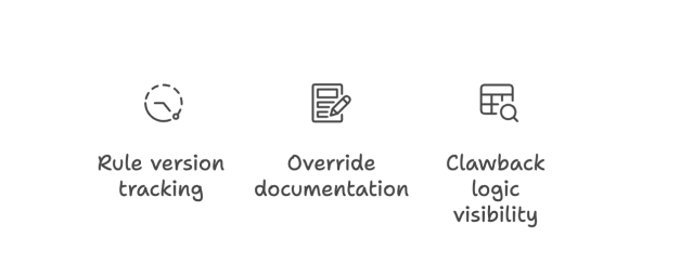Key compliance features of mortgage agent commission software, including rule version tracking, override documentation, and clawback logic visibility.