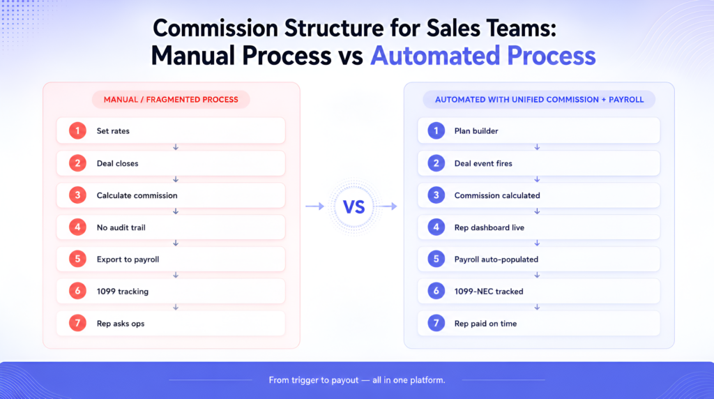 manual fragmented payout process vs Sequifi unified commission and payroll platform for W2 and 1099 reps