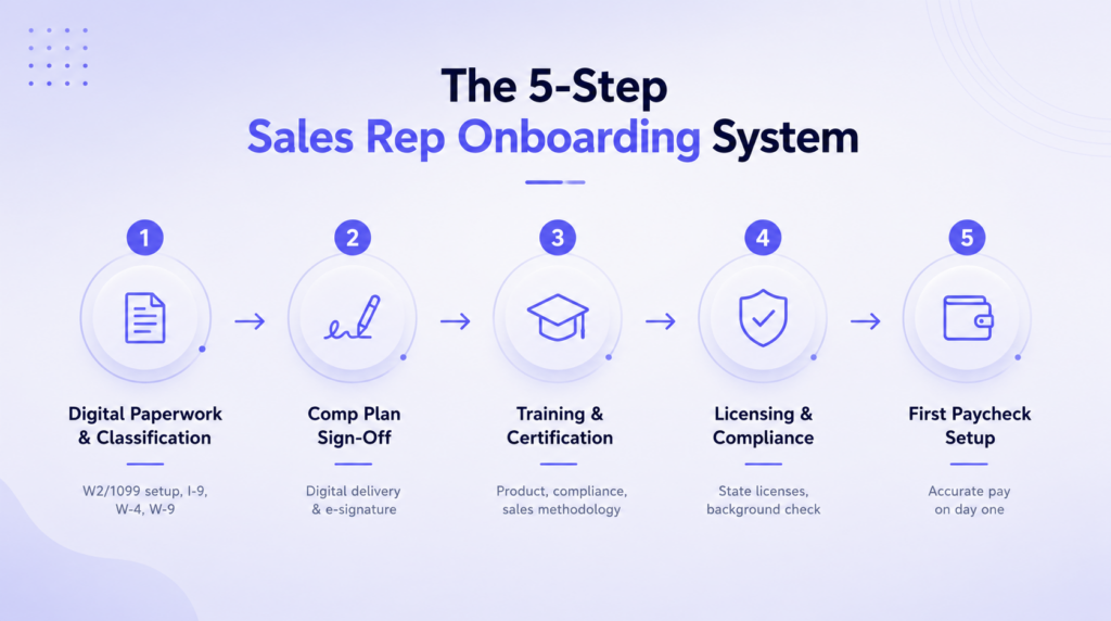 The 5 steps of a sales rep onboarding system for field sales teams hiring at scale Sales rep onboarding, 5-step process: digital paperwork, comp plan delivery, training, licensing verification, first paycheck setup