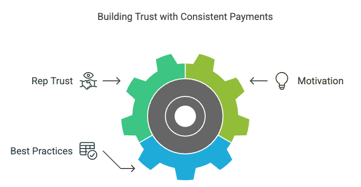 Infographic showing a gear diagram titled "Building Trust with Consistent Payments" tailored for turf sales teams. The gear highlights three key areas: Rep Trust, Motivation, and Best Practices, emphasizing the importance of reliable payroll for 1099 turf reps.