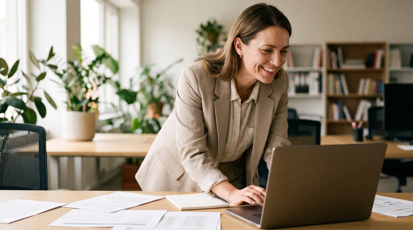 A manager reviewing the pay period on a laptop