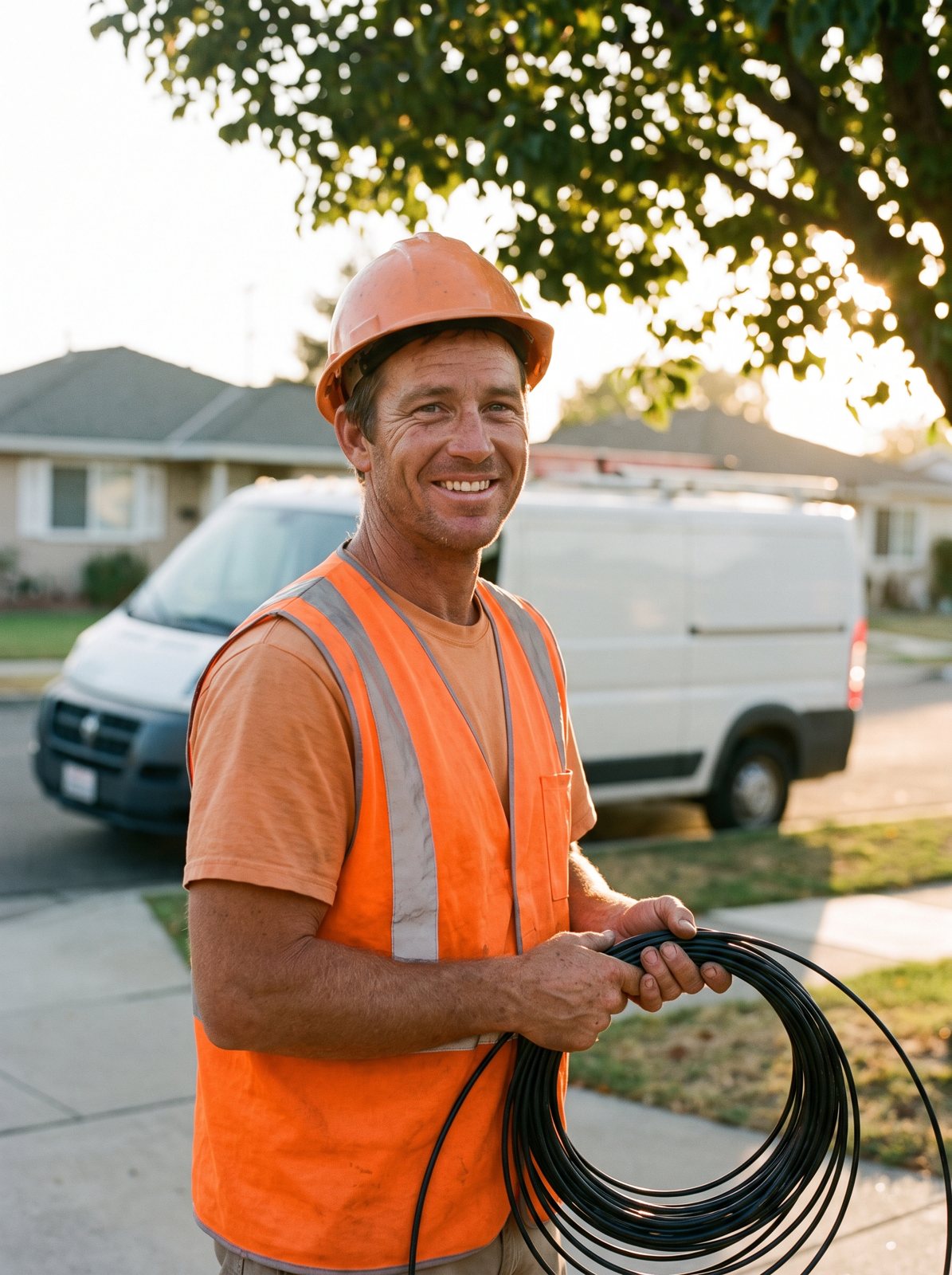 A fiber install technician running cable in the field