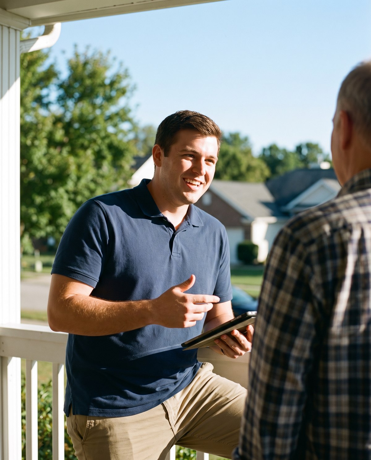 A fiber sales rep pitching a plan to a homeowner on their porch