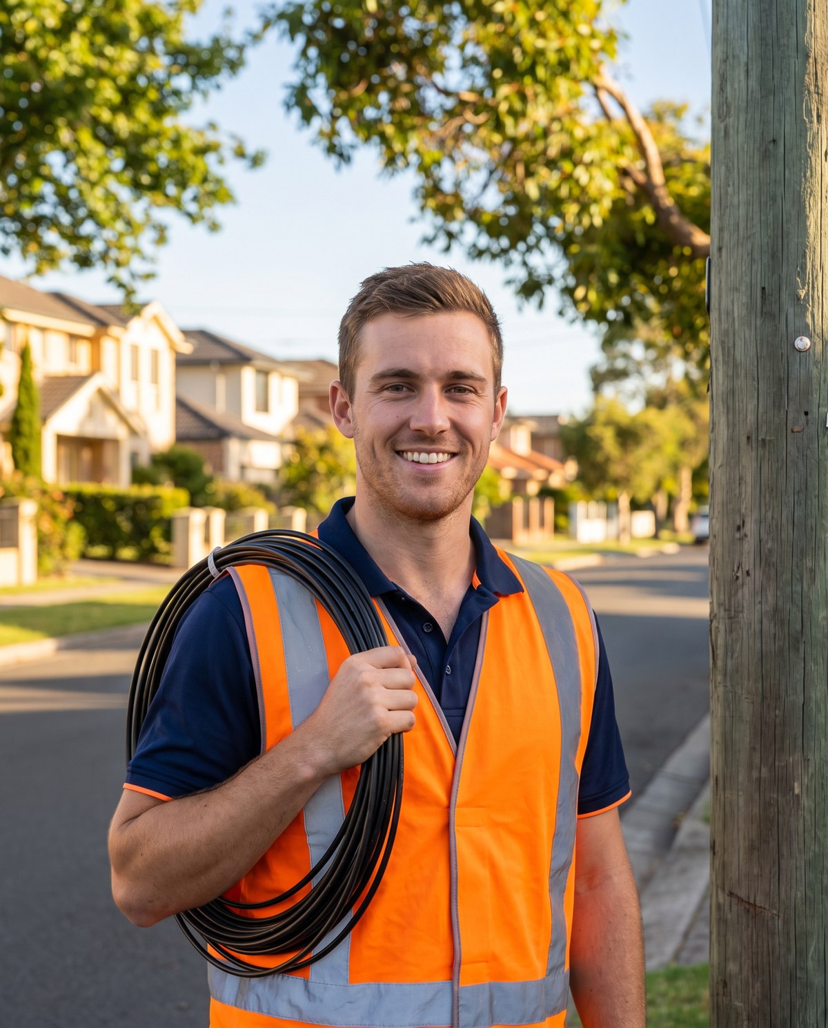 A fiber technician carrying a coil of cable on a residential street