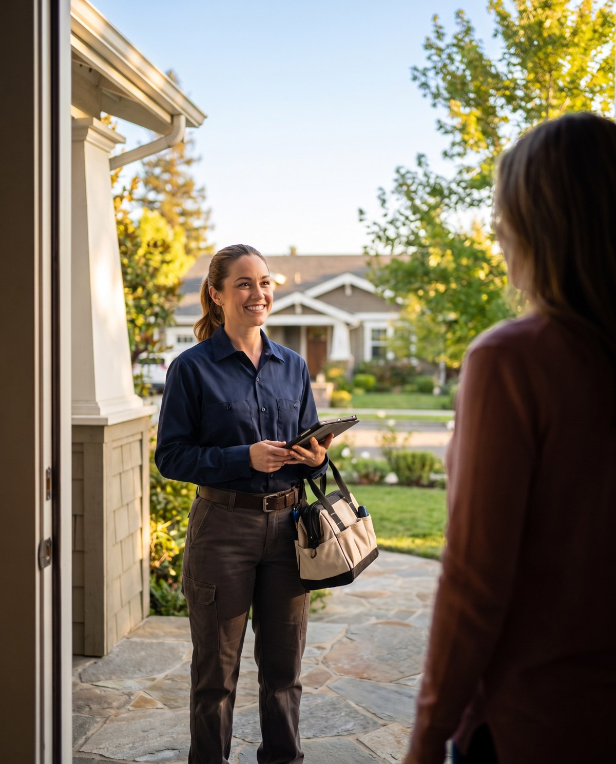 An HVAC technician greeting a homeowner at the front door