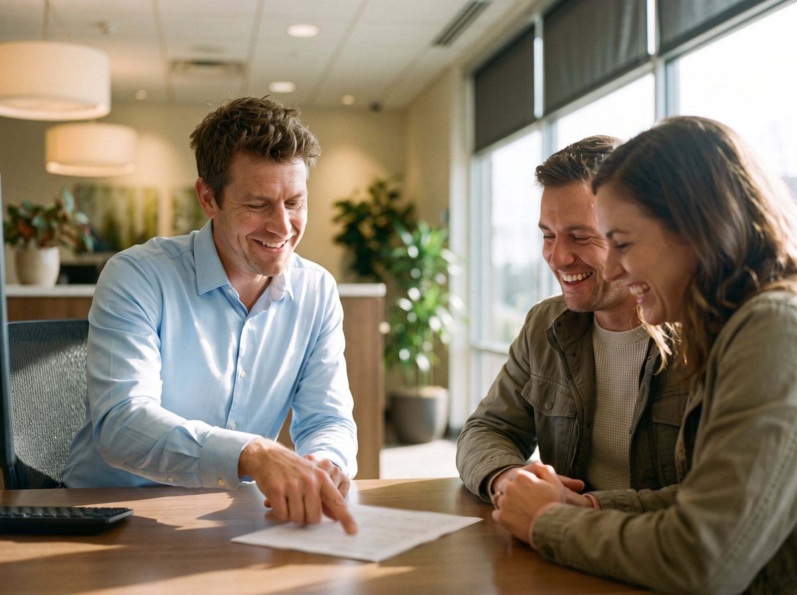 A mortgage loan officer laughing while reviewing the pay period on a laptop by a sunlit office window