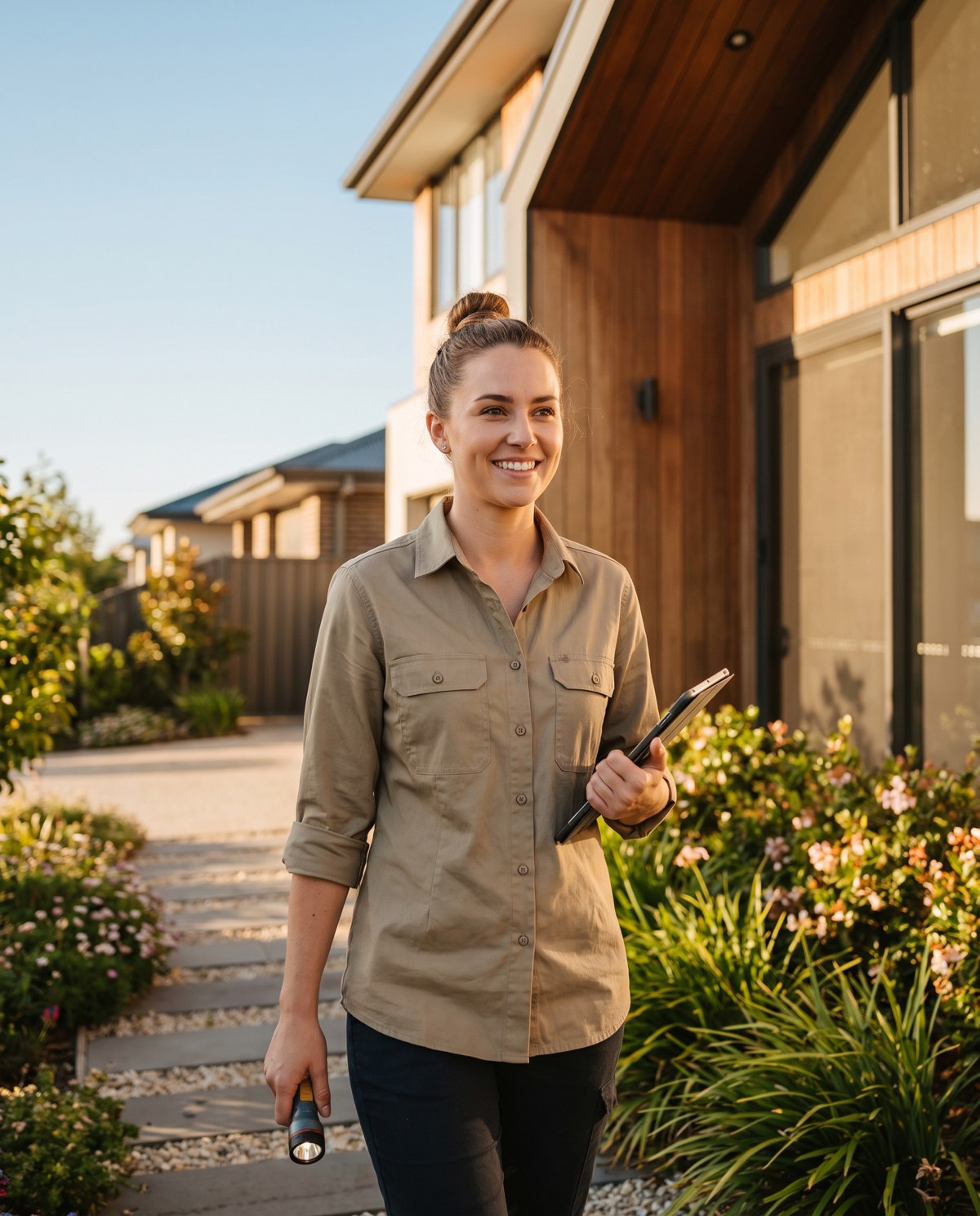 A pest control technician inspecting the exterior of a home
