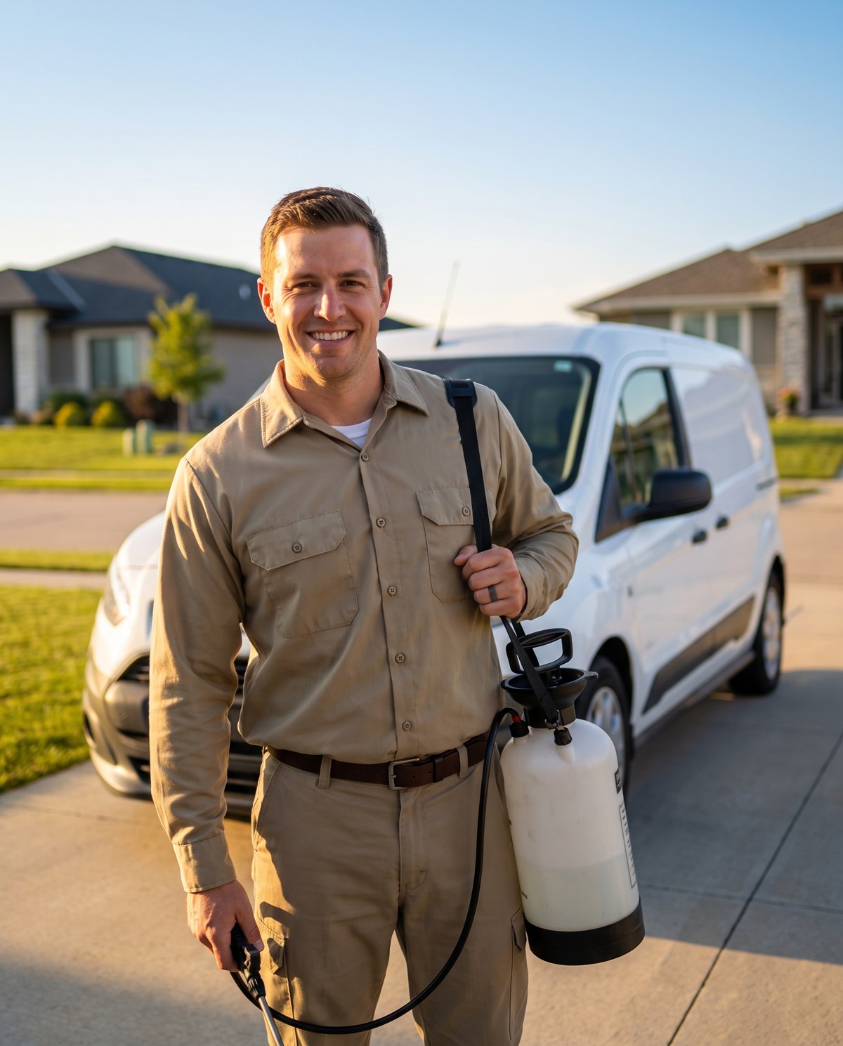 A pest control technician standing in front of his service van