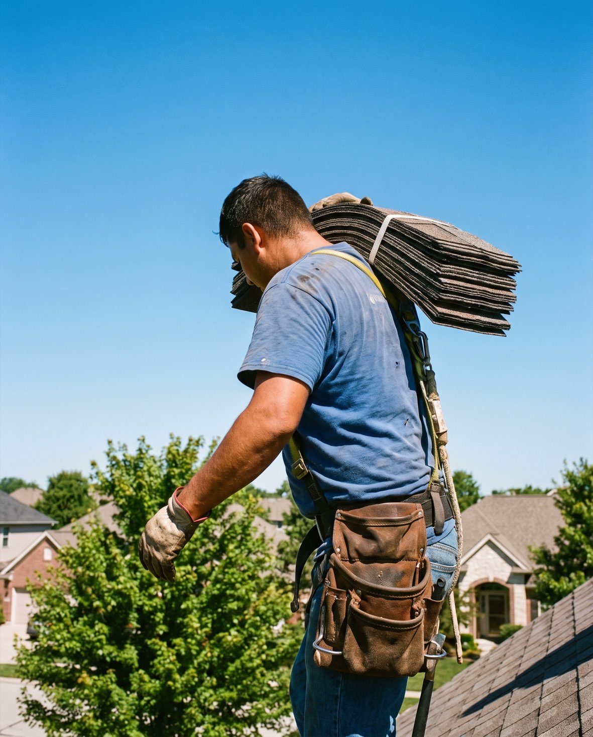 A roofer carrying a bundle of shingles across a residential roof