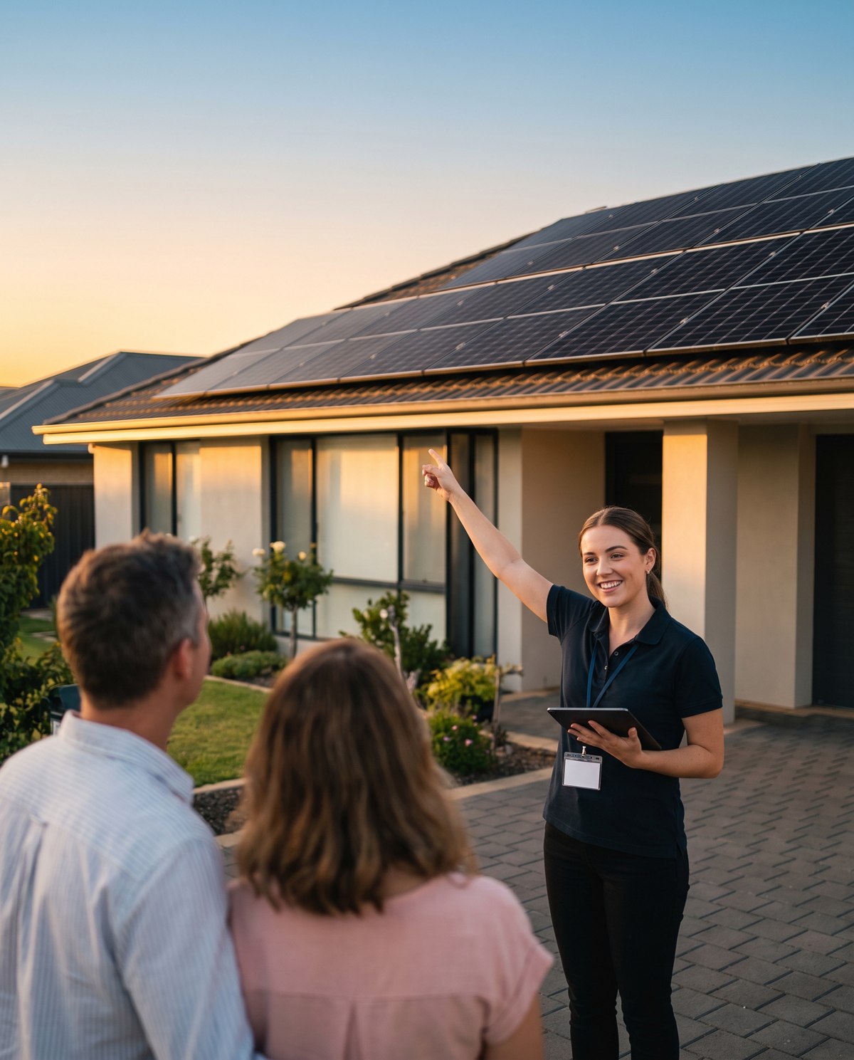 A solar sales rep showing homeowners the solar panels on their roof