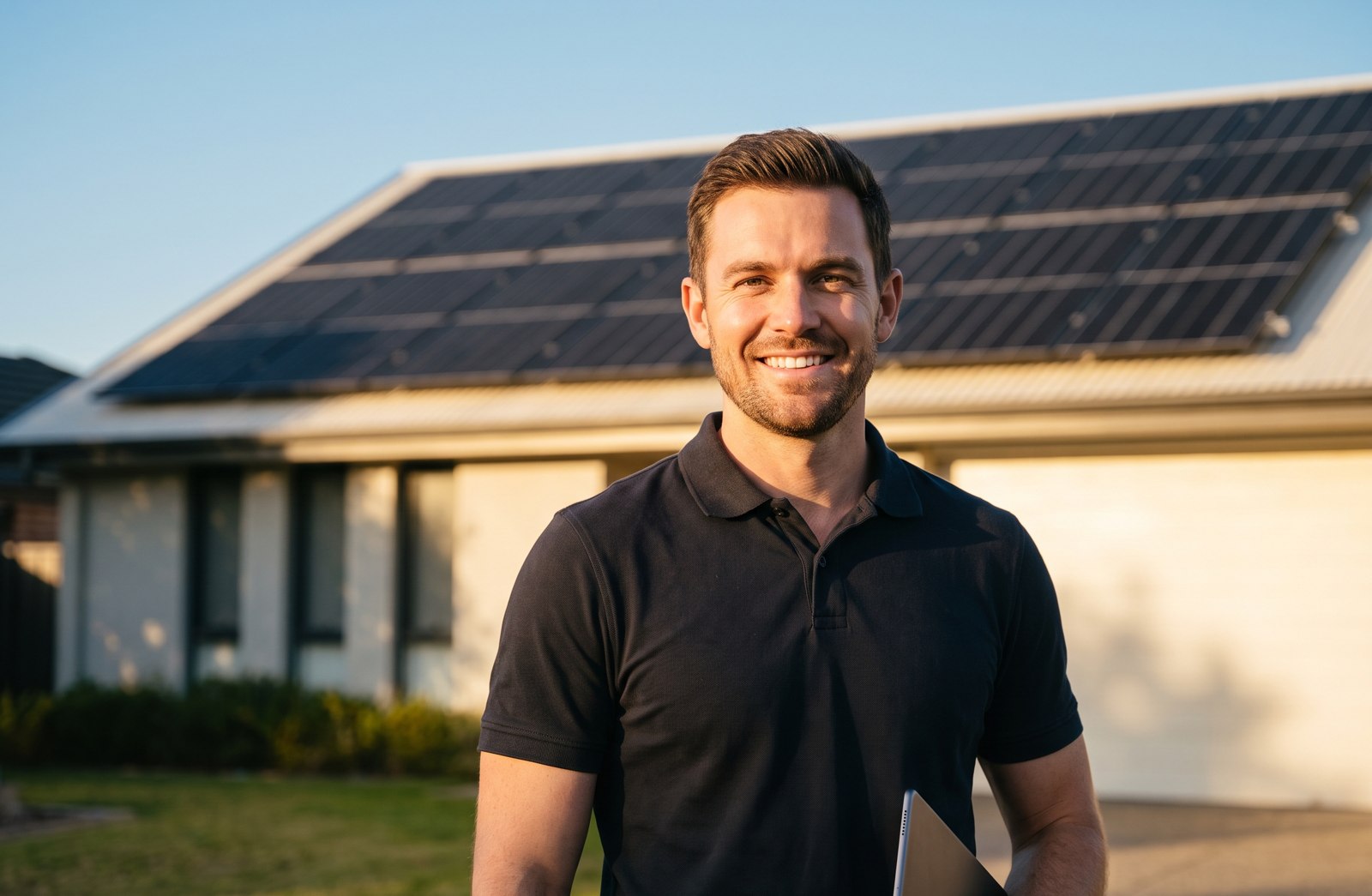 A smiling solar sales rep in front of a home with a rooftop solar array