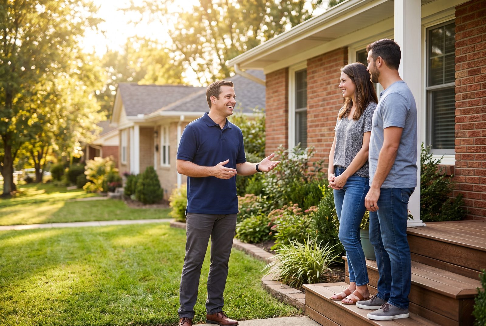 A lawn care rep talking with homeowners at their front door