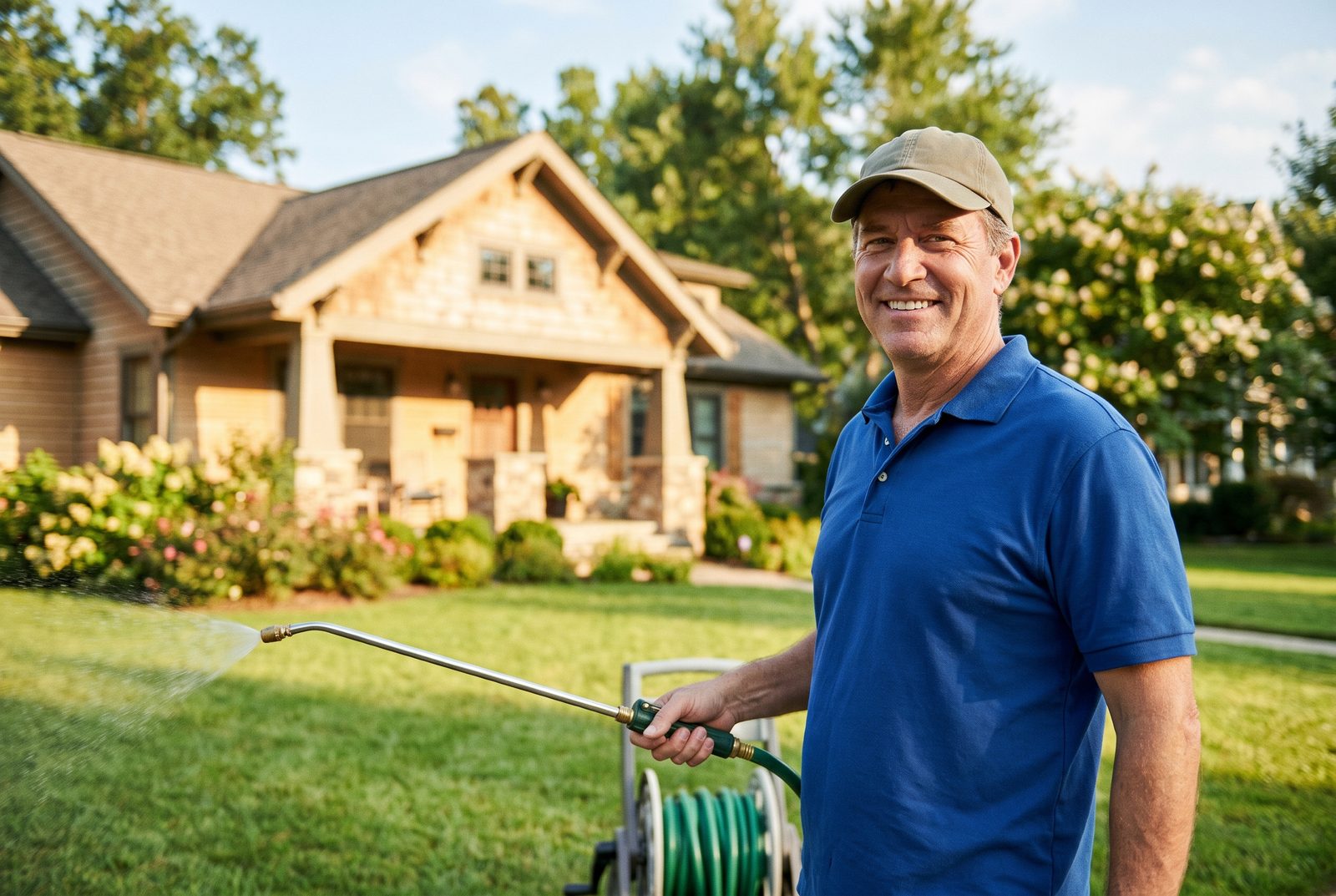 A smiling lawn care technician treating a green front lawn on a sunny day