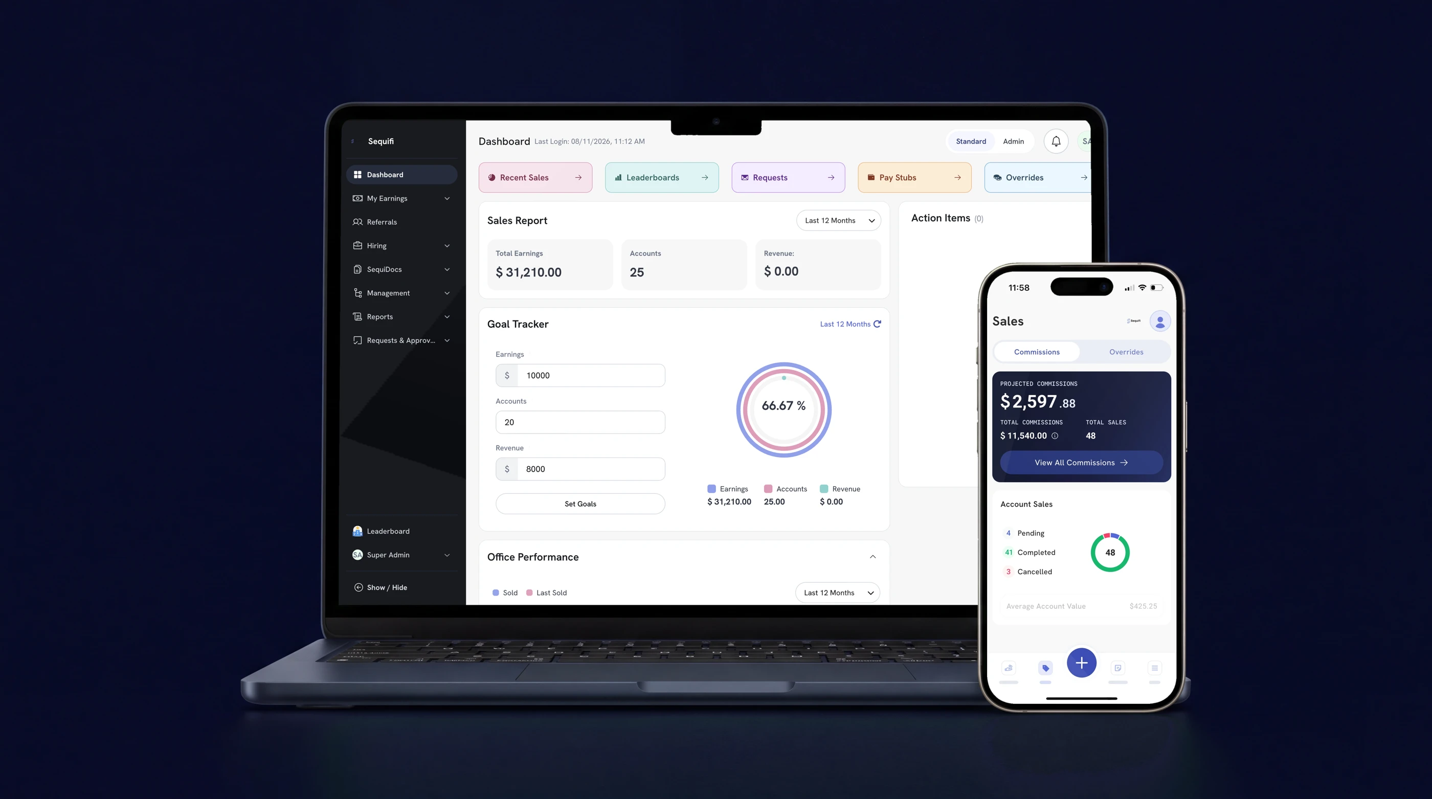 The Sequifi dashboard on a MacBook Air and a rep's commissions in the Sequifi app on iPhone