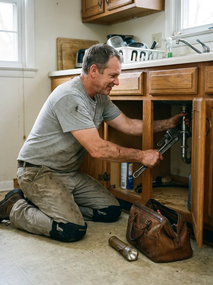 Plumbing team member at work