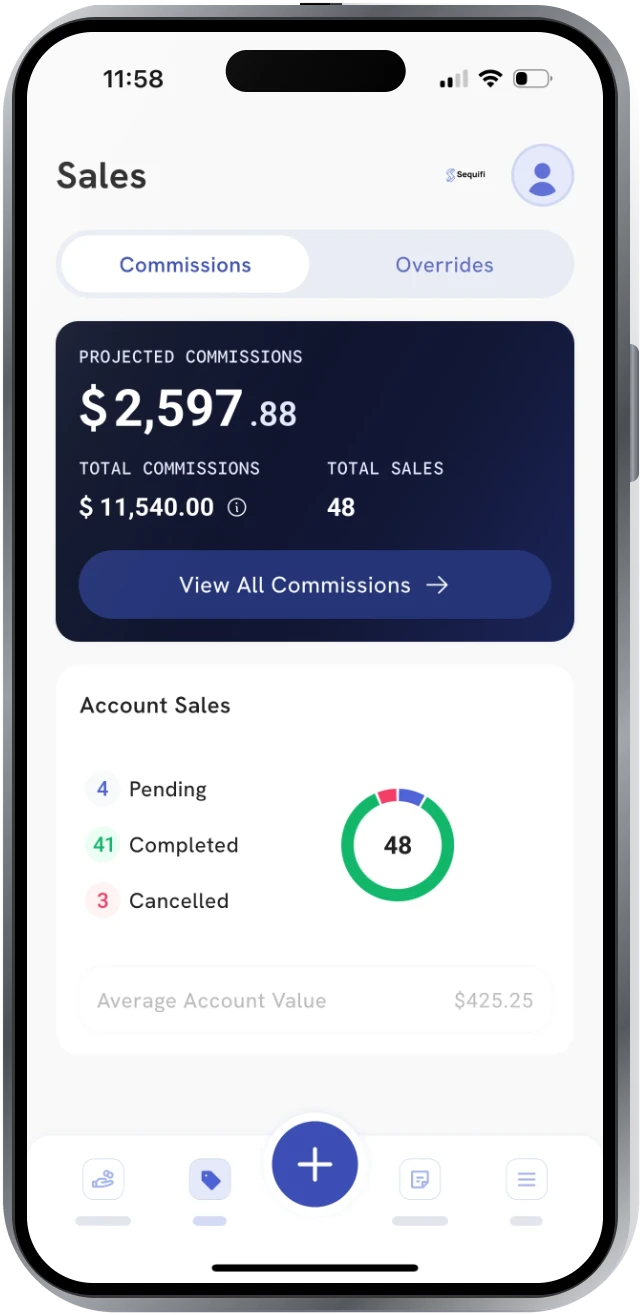 A rep's projected commissions in the Sequifi app on iPhone