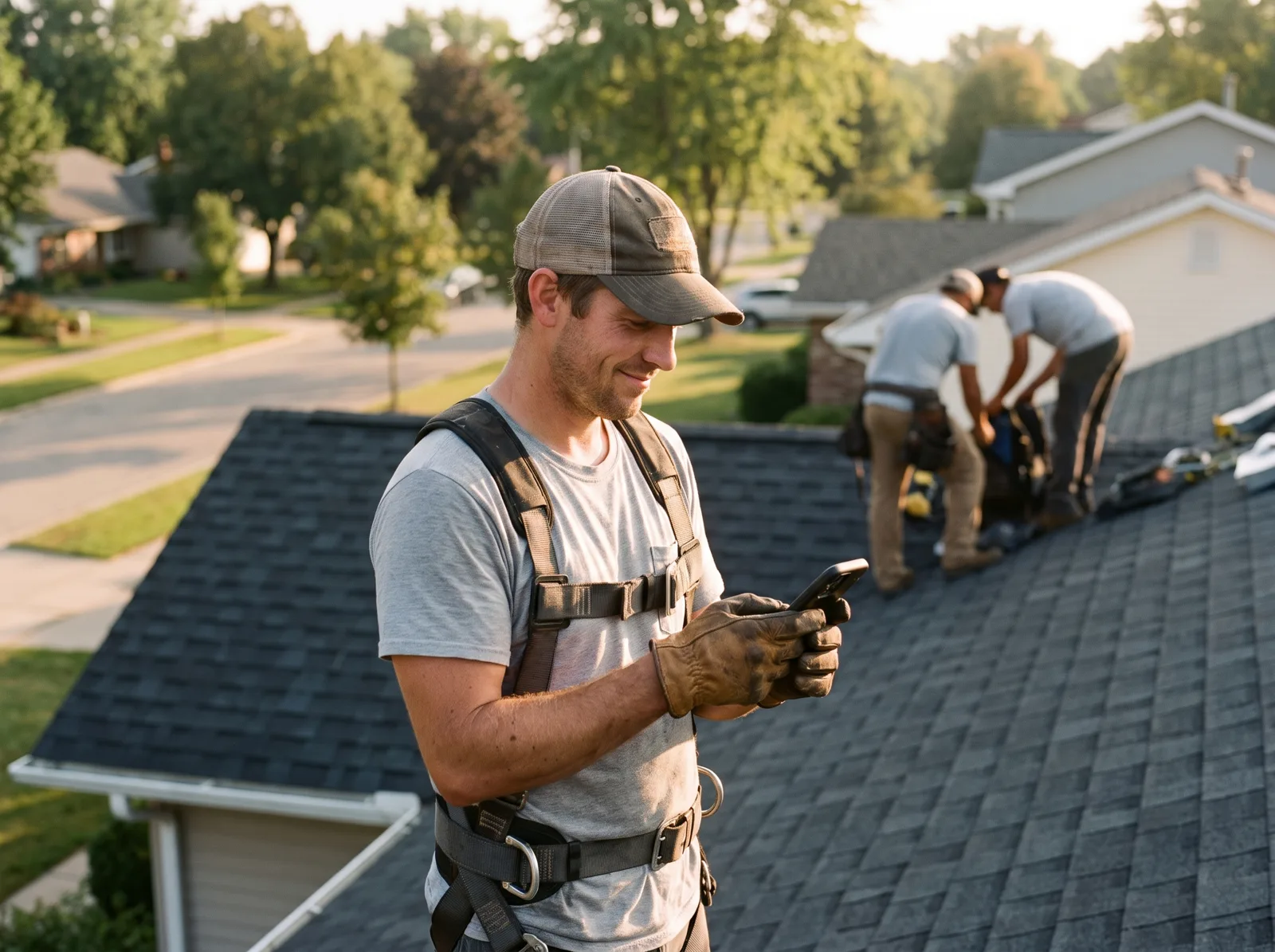 A roofing crew lead checking his pay on his phone on a finished roof