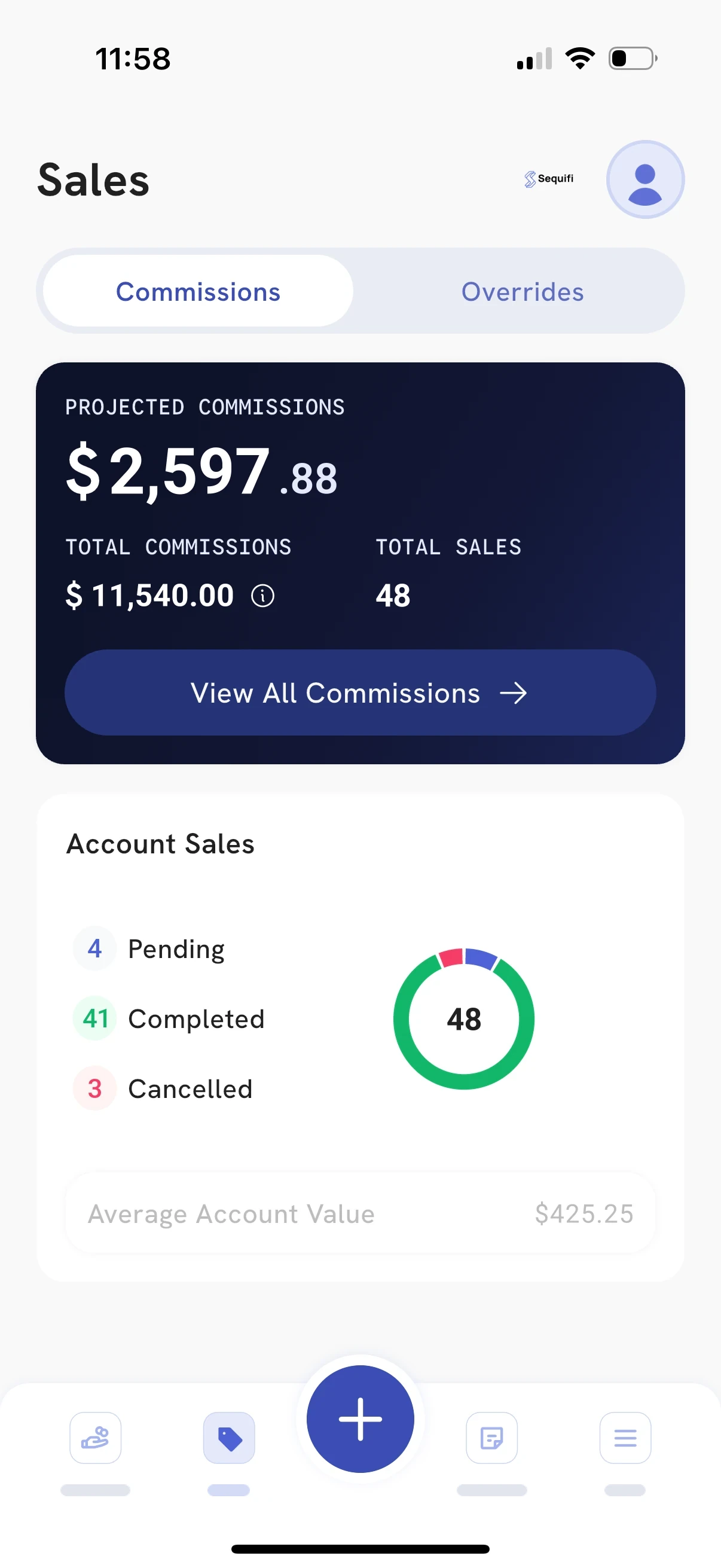 The Sequifi app showing projected commissions for the period
