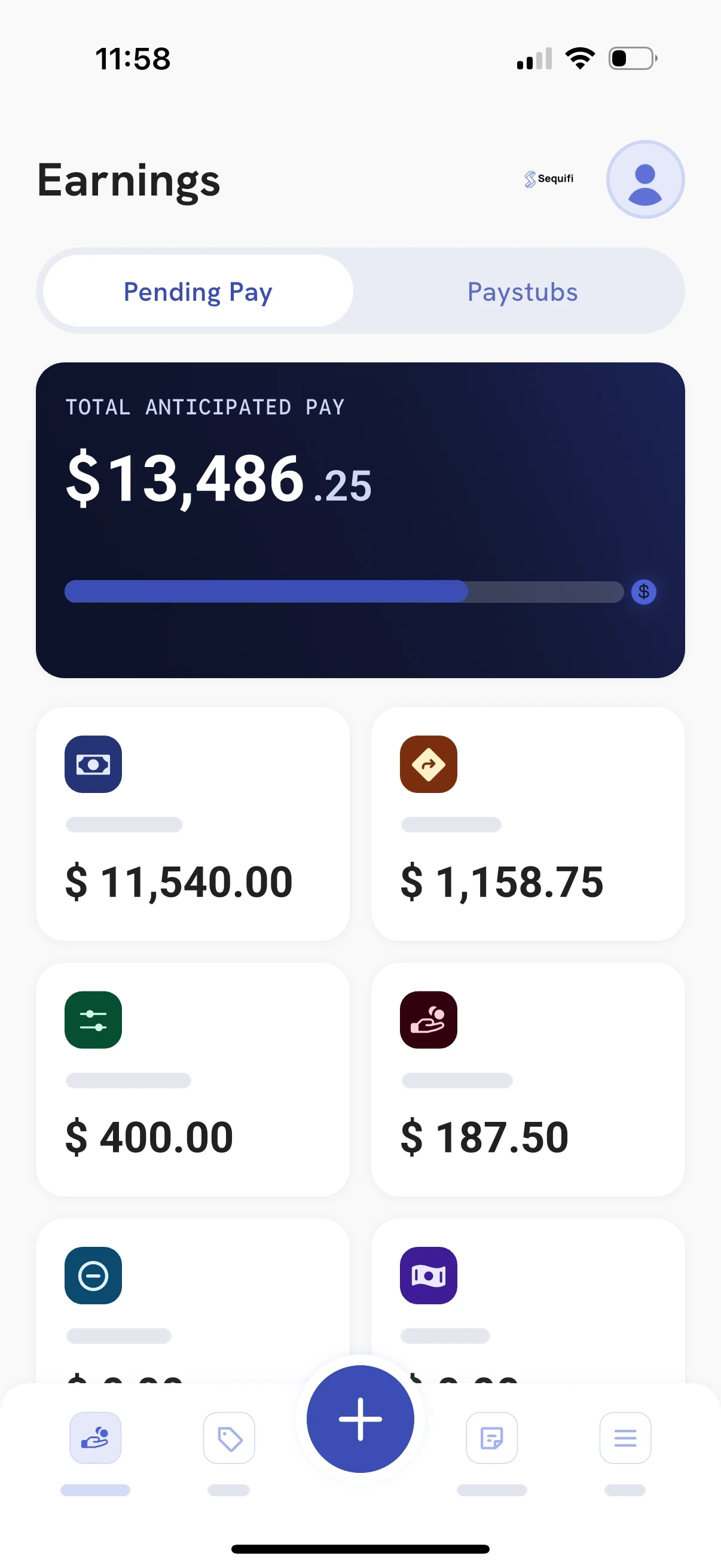 The Sequifi rep app showing pending pay broken into commissions, overrides, adjustments, reimbursement, reconciliation and deductions