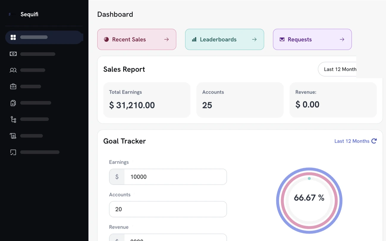 Sequifi commission software dashboard showing a sales report, earnings goal tracker and shortcuts to pay stubs and overrides