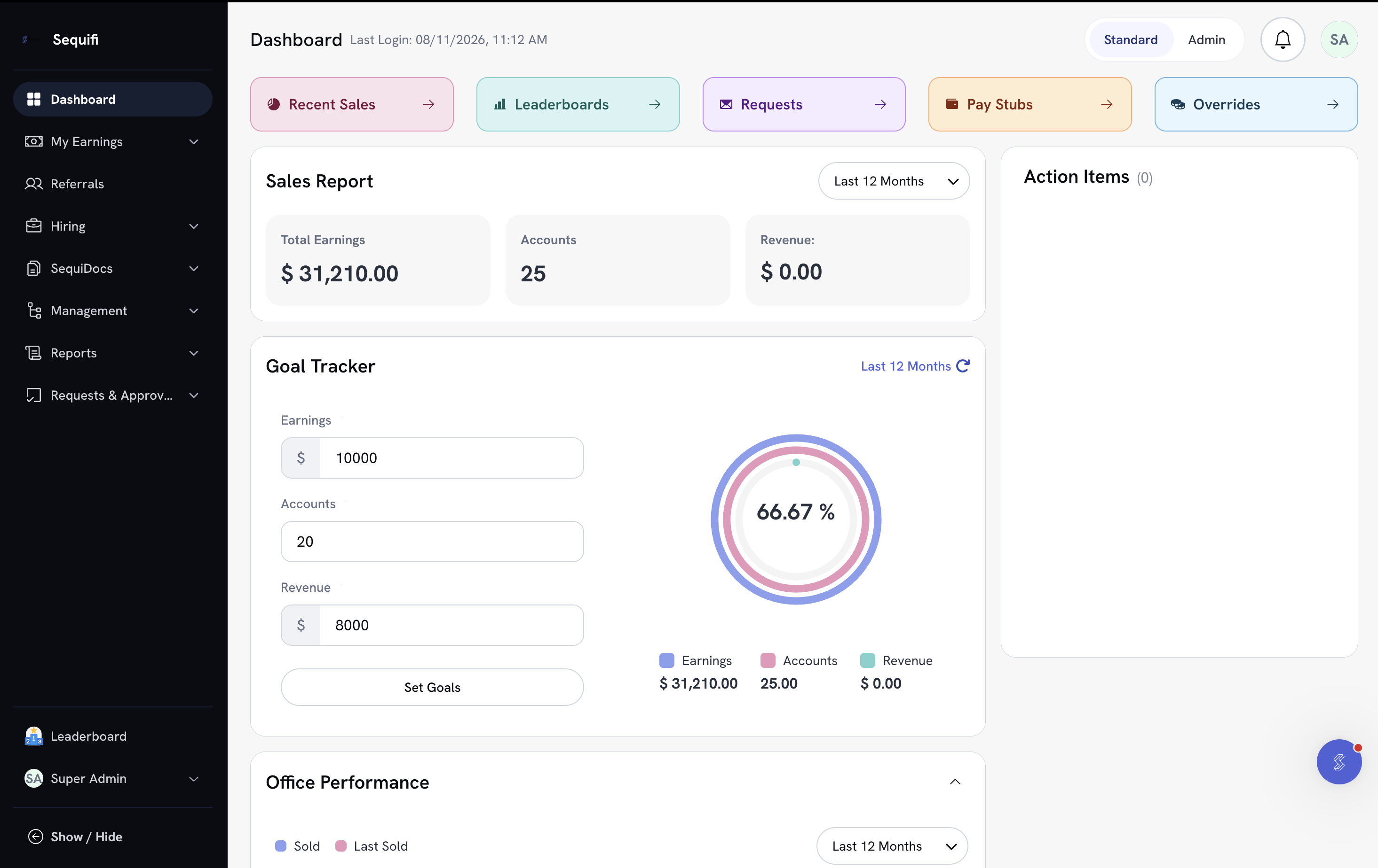 The Sequifi company report showing payroll totals and commission by producer