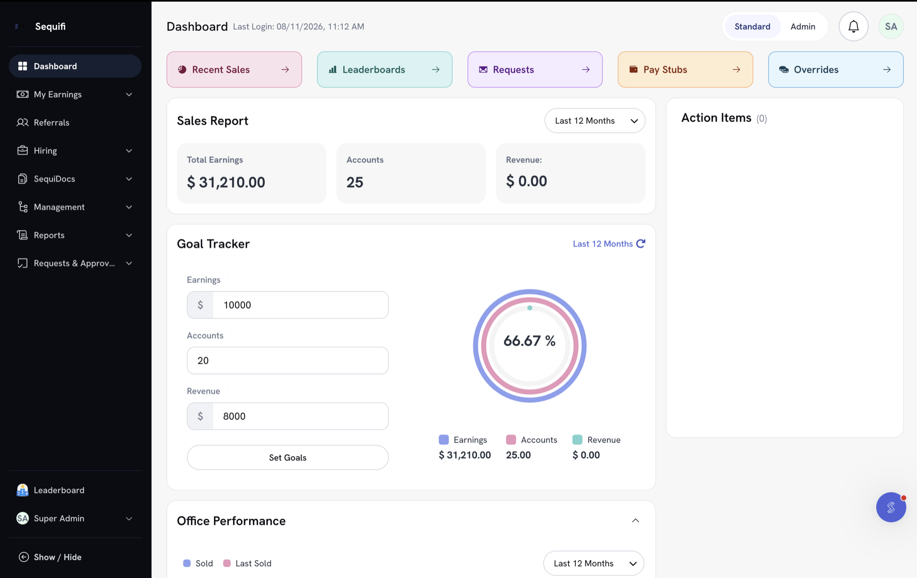 Sequifi dashboard showing home service commission payouts across setters, closers and crews