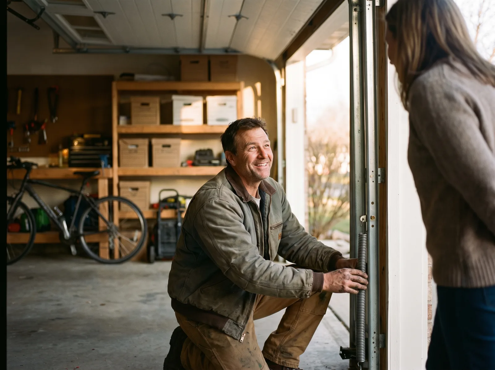 A garage door technician adjusting a door spring and smiling at a homeowner