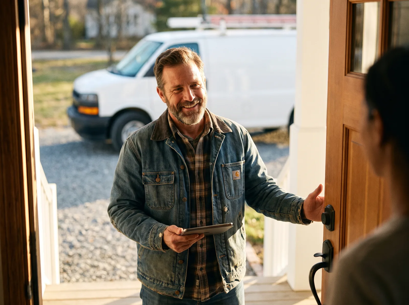 A friendly plumber at a homeowner's front door holding a tablet