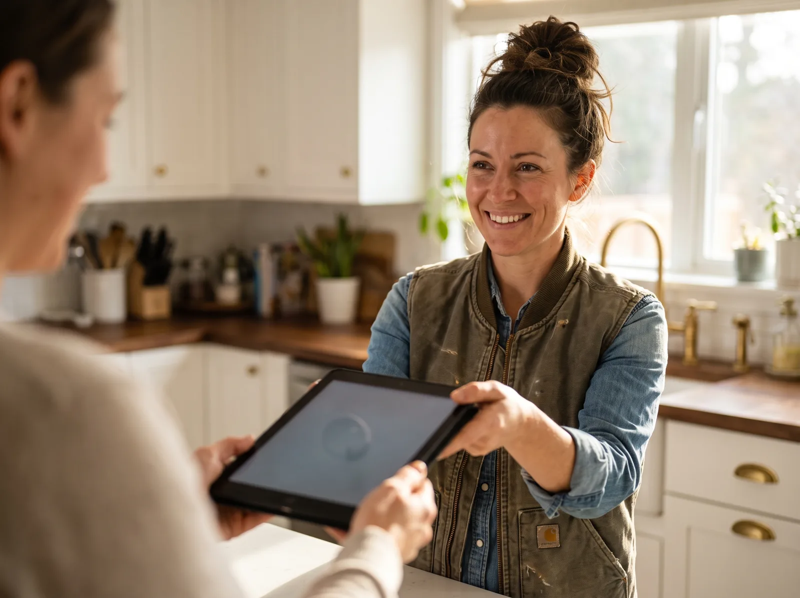 A remodeling project manager handing a homeowner a tablet in a finished kitchen