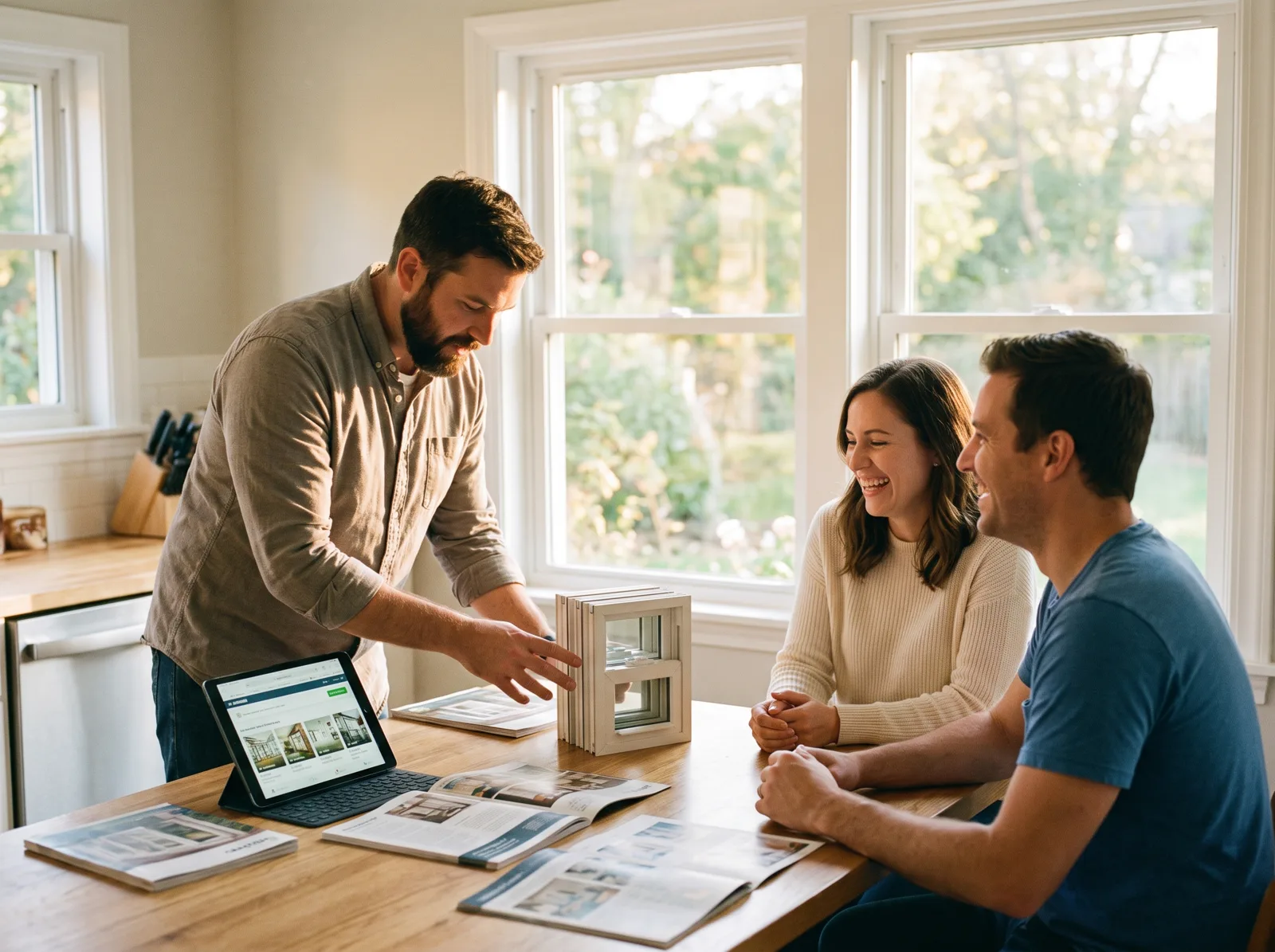 A window sales consultant showing samples to a smiling couple at their kitchen table